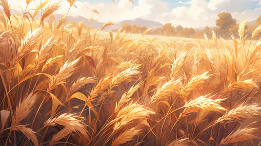 金黄色漂亮唯美的卡通麦子地高清图片