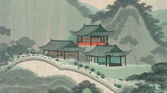 湖景豪宅古代宅院大院水彩古风画插画