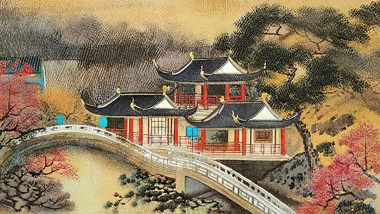 古代宅院大院水彩中国风画插画