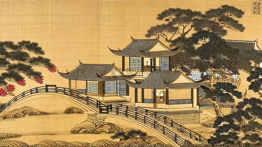 古代中式中国风建筑宅院水彩画图片