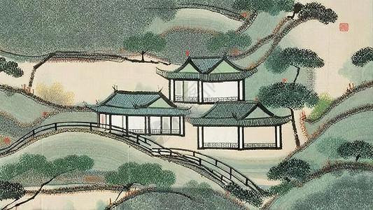 中国古代中式建筑宅院水彩画图片