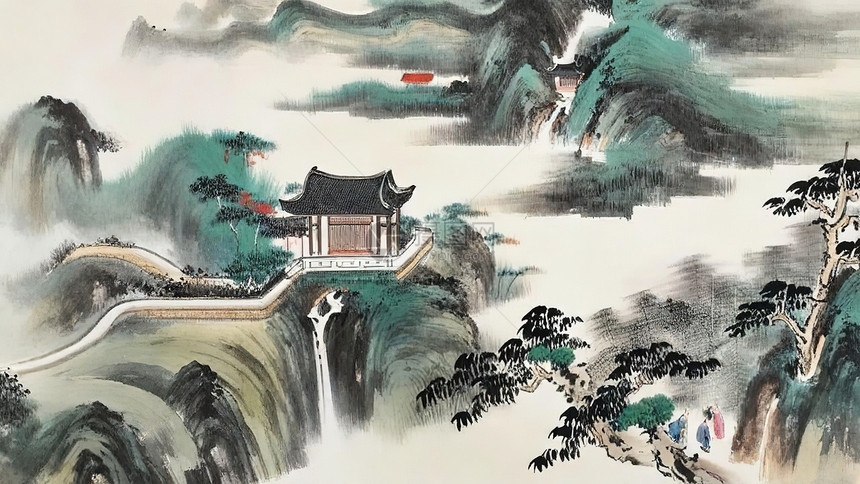 古代中国风建筑宅院水彩画图片