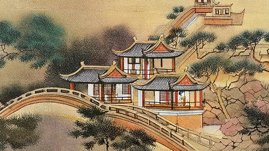 私家宅院古代中式建筑宅院中国水彩画插画