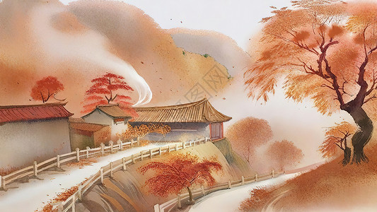 深秋乡村的枫树秋色高清图片