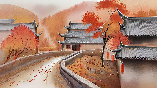 枫树 水彩秋天乡村的枫树秋色美景插画