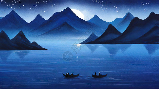 夜色下湖泊上的船背景图片