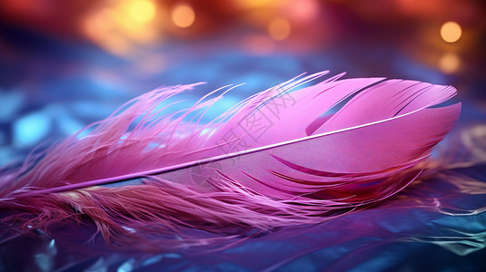粉色漂亮的羽毛在蓝色绸缎上背景图片