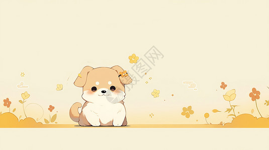 可爱的卡通小狗淡黄色背景背景图片