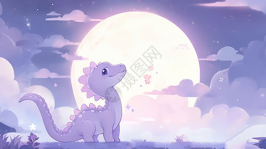 紫色调夜晚站在圆月下的紫色卡通小恐龙背景图片