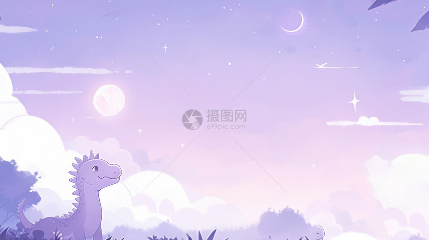 抬头仰望梦幻紫色星空的卡通小恐龙背景图片
