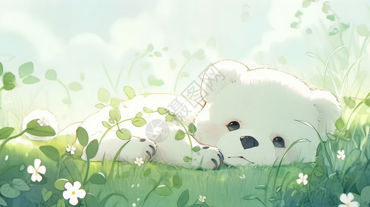 趴在草地趴在绿色草地上可爱的卡通小白熊卡通背景插画