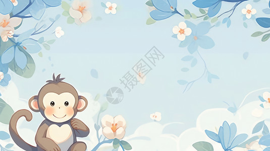 幼儿园主题墙可爱的卡通小猴子与花朵蓝色卡通主题背景插画