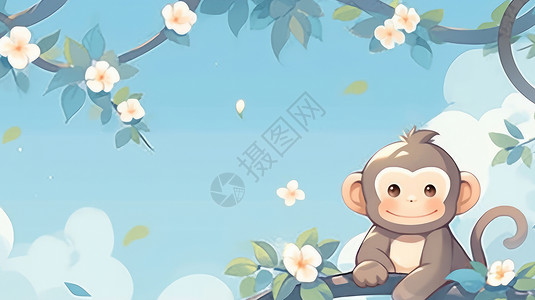 趴在树上可爱的卡通小猴子与花朵卡通背景背景图片