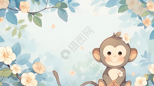 头上戴着花朵的可爱卡通小猴子卡通背景背景图片