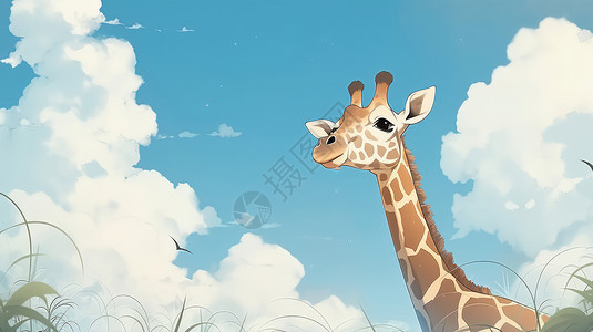 有长长脖子的可爱卡通长颈鹿站在蓝天白云下卡通背景插画