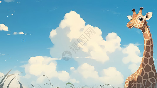 看着一大朵白云的可爱卡通长颈鹿卡通背景图片
