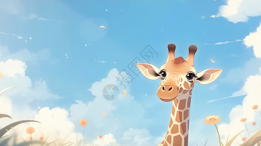可爱的大眼睛卡通长颈鹿与蓝天背景图片