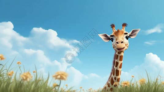 站在室内长颈鹿站在草丛中的可爱卡通长颈鹿卡通背景插画