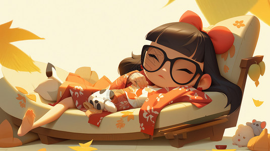 古风前框素材戴黑框眼镜的卡通女孩躺在沙发上睡觉插画