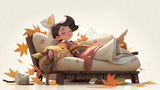 美沙躺在沙发上抬着脚古风可爱卡通女孩插画