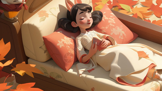美沙躺在沙发上手拿小本字的可爱卡通小女孩插画