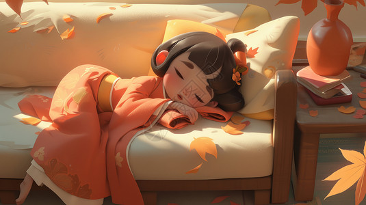 穿橙色汉服躺在沙发上睡觉的可爱卡通小女孩高清图片