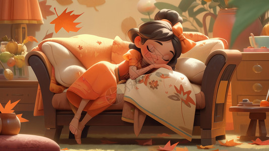沙美穿橙色裙子的可爱卡通女孩趴在沙发上酣睡插画
