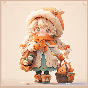 秋天戴着橙色围巾和帽子的可爱卡通小女孩图片