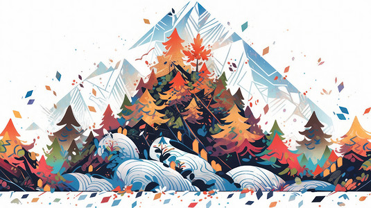 秋天扁平风时尚的卡通森林与大山背景图片