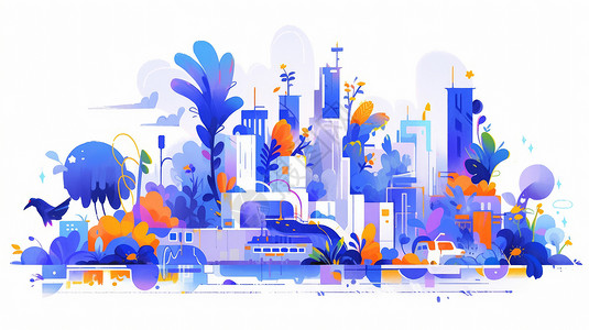 紫色调扁平风时尚的卡通城市背景图片
