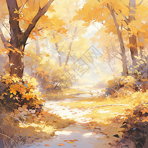 金黄色树林中幽静的卡通小路背景图片