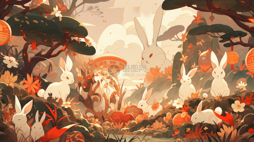 在森林中一起过中秋节的卡通兔子们图片
