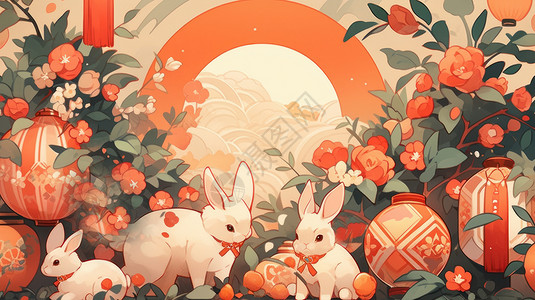 可爱的卡通小白兔们在花丛中一起过中秋节图片