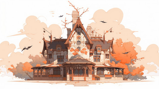 橙色小房子秋天复古可爱的卡通小房子插画