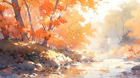 秋天水彩风唯美的卡通森林与小河风景图片