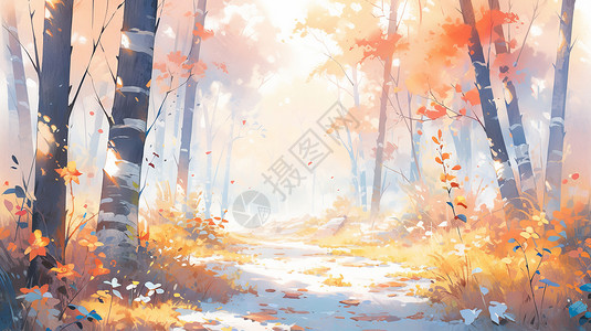 秋天唯美的森林中幽静的卡通小路背景图片