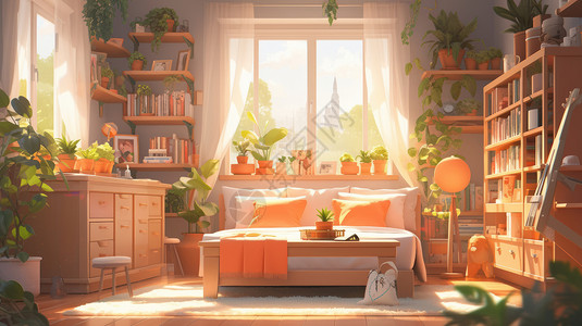 放着很多书与植物的卡通卧室背景图片