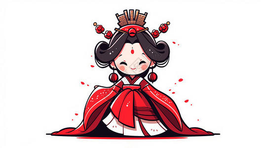 白色古风服装穿红色华丽服装微笑的可爱卡通小公主插画