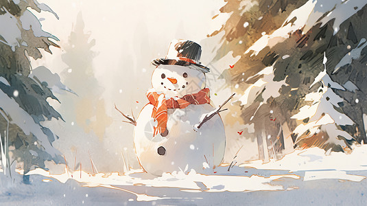 雪地里小雪人可爱的卡通小雪人在森林的雪地中插画