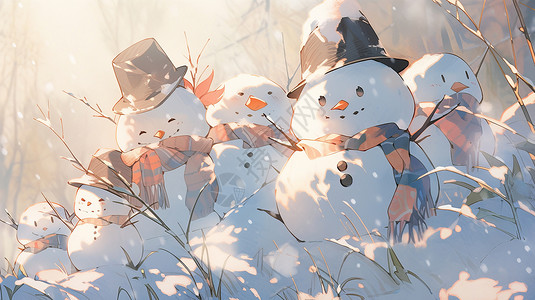 雪地中一群可爱的卡通小雪人图片