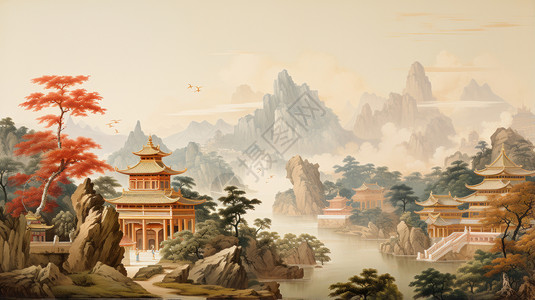 中国古风建筑秋天喜庆的卡通中国山水画插画