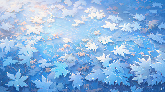 蓝色霜降节气满地的唯美蓝色卡通落叶插画