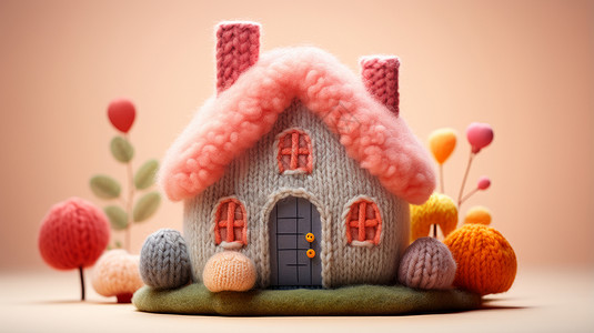 粉色屋顶可爱的毛线卡通小房子高清图片