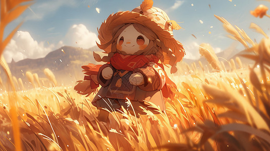 秋天在丰收的金黄色麦子地中的可爱的卡通稻草人图片