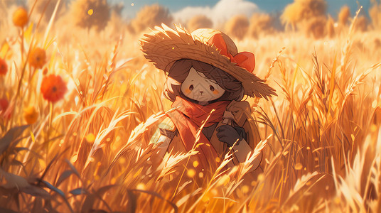 田地里的稻草人戴着草帽的卡通稻草人站在金黄色田地中插画