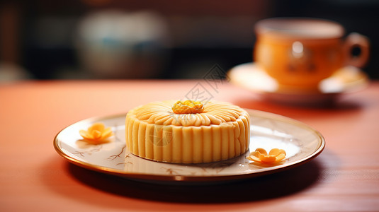 中秋节蛋黄味的美味月饼放在盘子中美味的雕花月饼插画