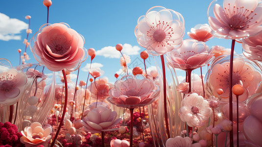 蓝天白云下超现实粉色花园背景图片