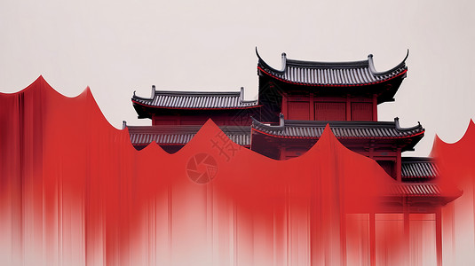 红色喜庆的超现实古风建筑背景图片