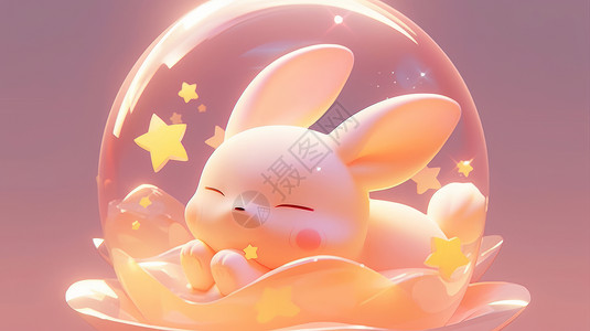 透明月亮趴在透明气泡中的可爱卡通兔子插画
