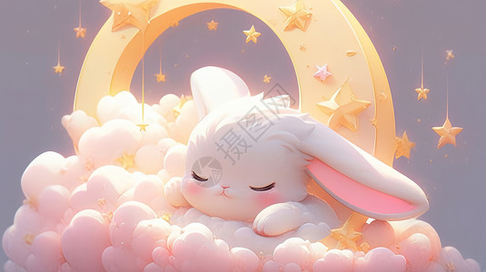在粉色云朵上睡觉的可爱卡通兔子图片
